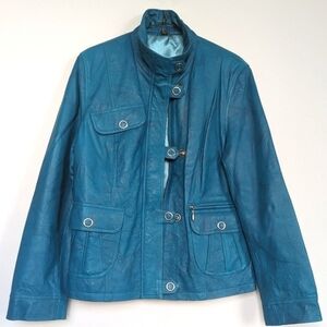 3XL Brand Genuine Leather Jacket Zip Front Snaps Teal (Branded 3XL = US M)